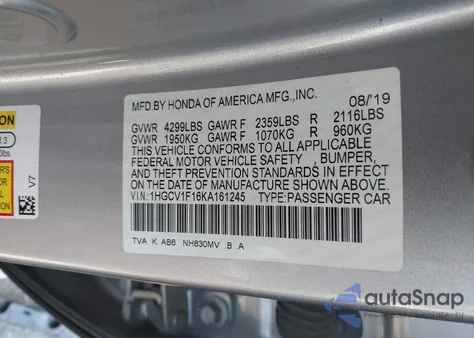 2019 Honda Accord Lx 1.5T из США, поврежденный, VIN 1HGCV1F16KA161245